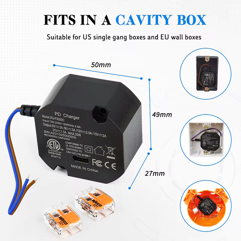 Flush Wall USB-C Power Adapter (30W)